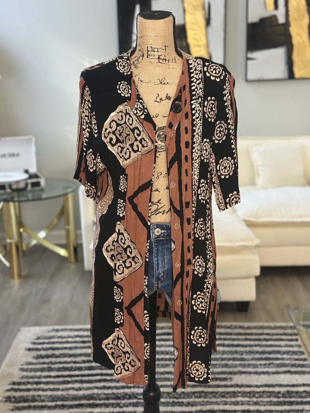 Vintage Meryl Fashions Brown and Black Tribal Print Duster Cardigan